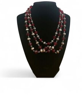 2028 by Macy’s Red Faceted Beaded Necklace Silver Tone 3 Strand Statement